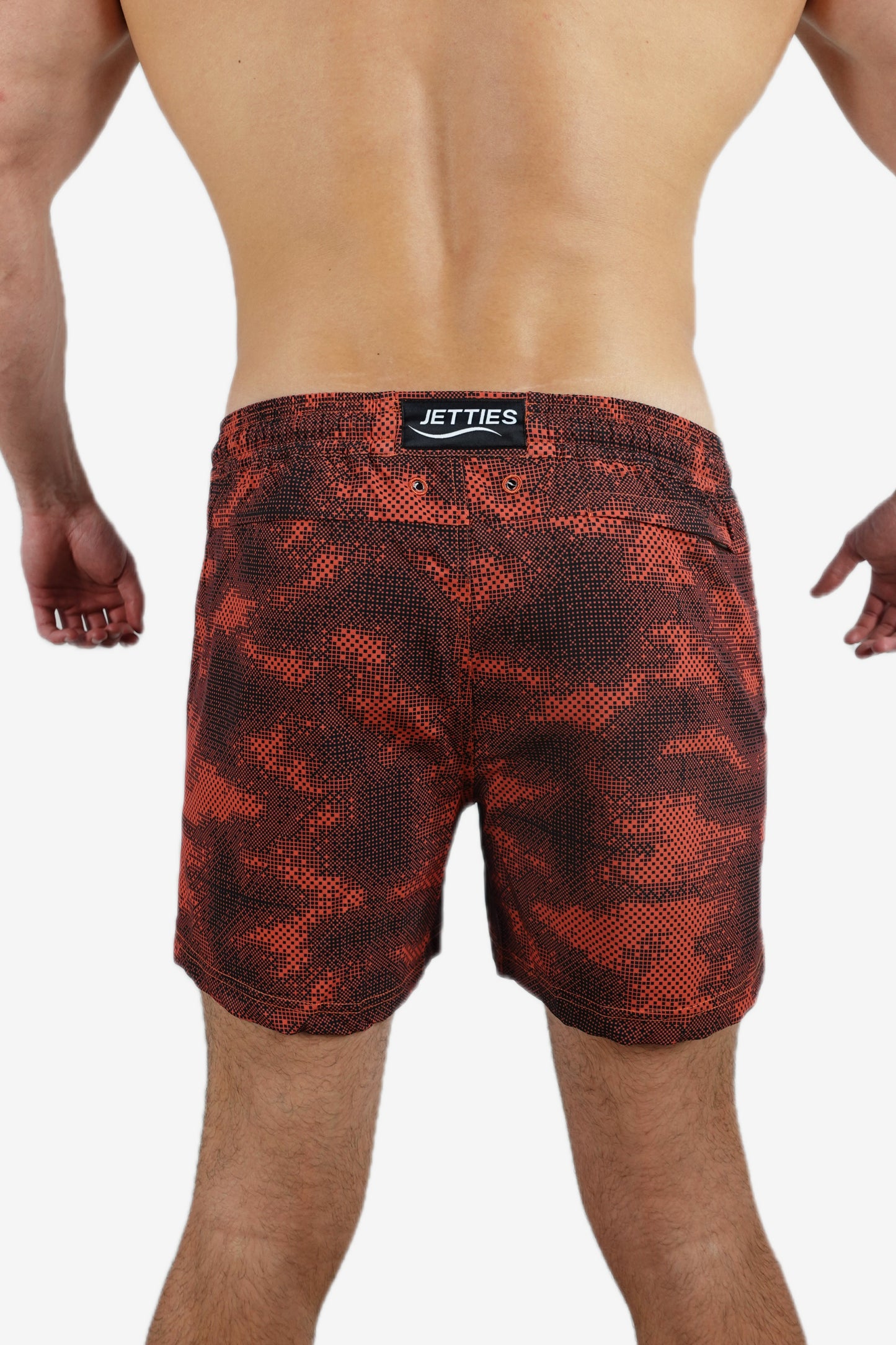 5 inch - Red & Black Camo Digital Pattern Swim Shorts Back View