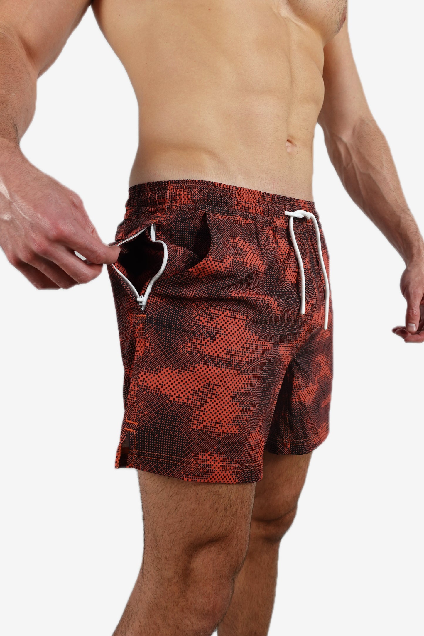 5 inch - Red & Black Camo Digital Pattern Swim Trunks Hip Zip Pocket View