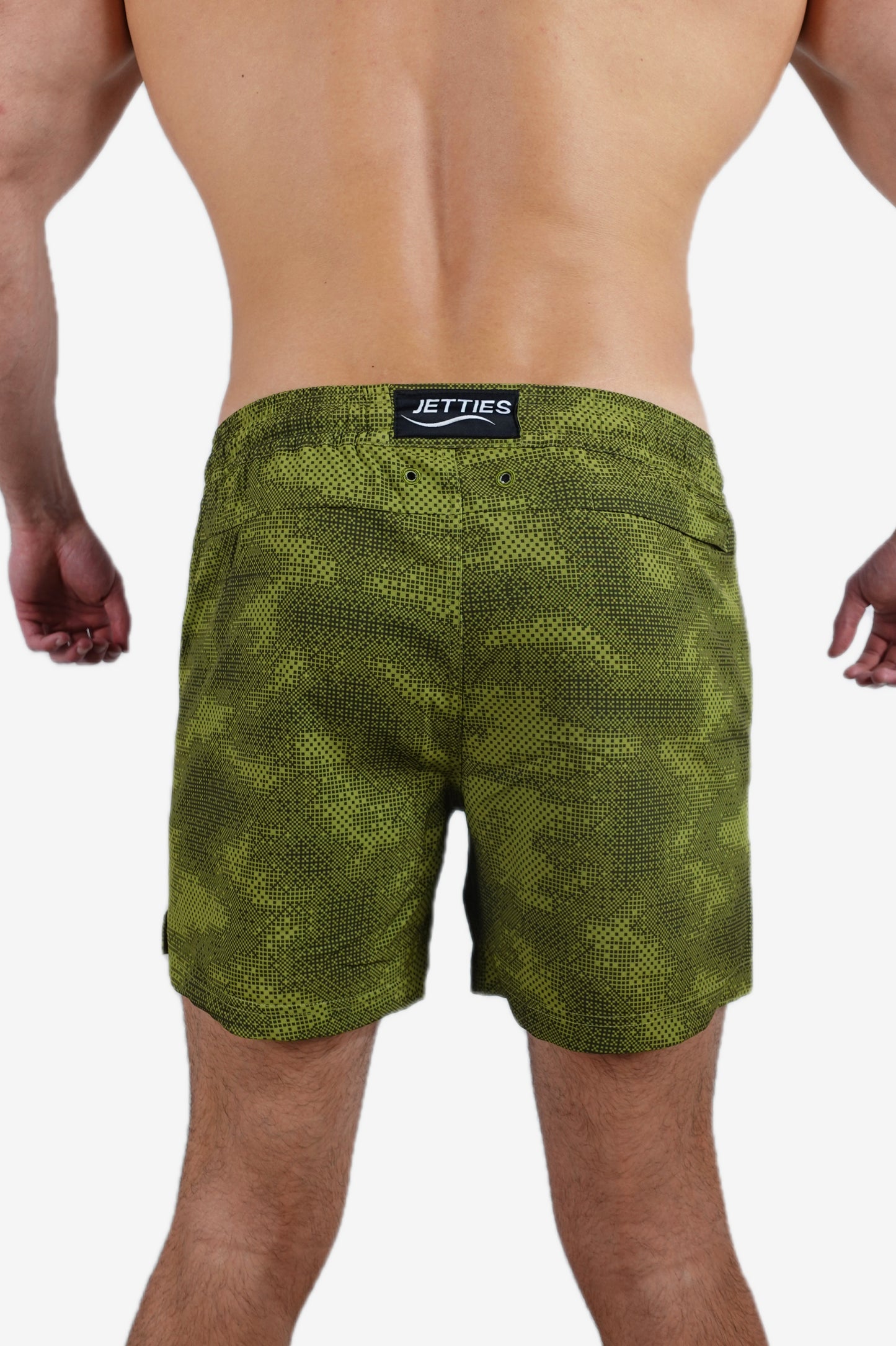5 inch - Green & Black Camo Digital Pattern Swim Shorts Back View
