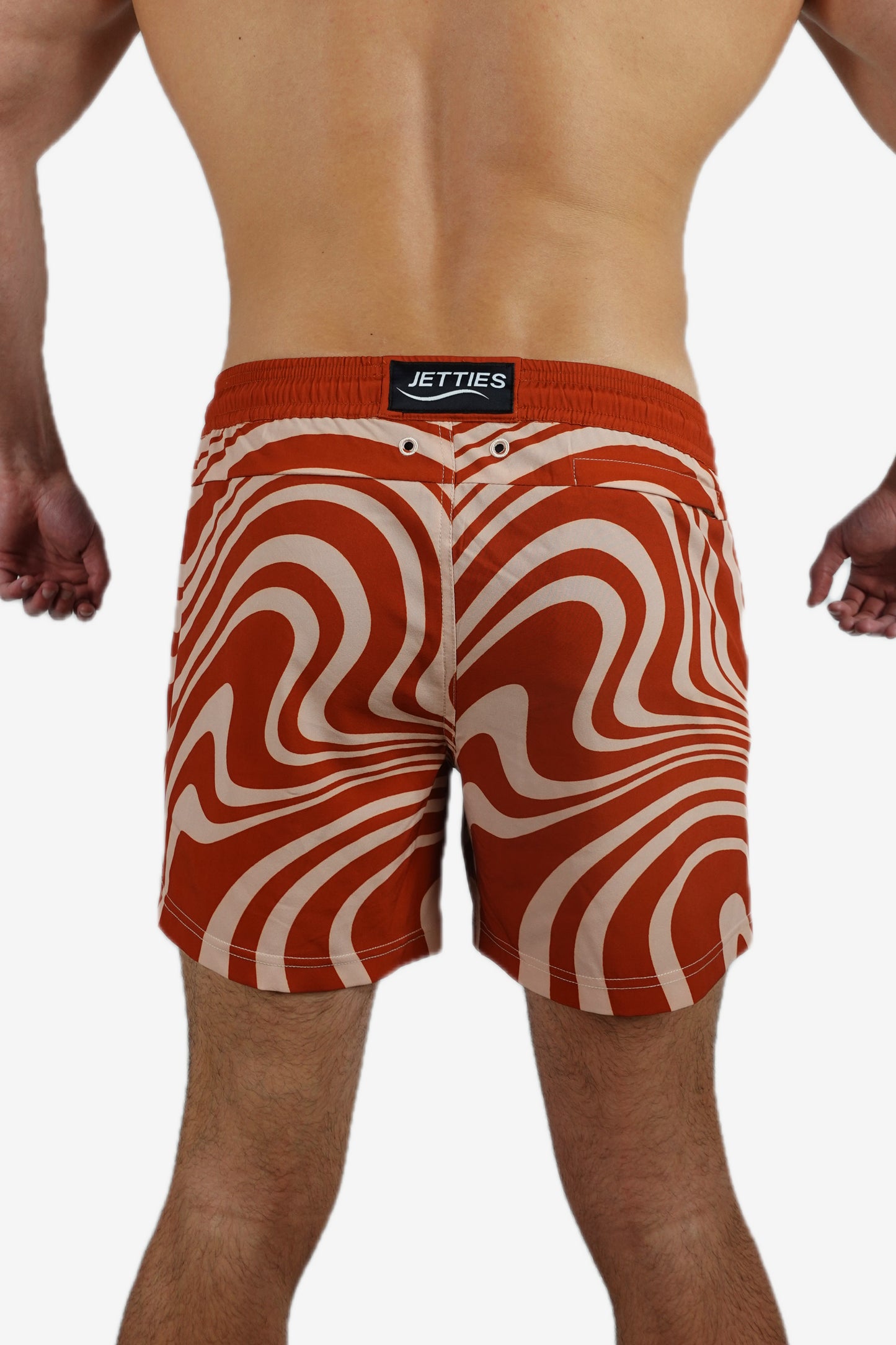 5 inch - Red, White, Ivory Swirl Marble Pattern Swim Trunk Back View