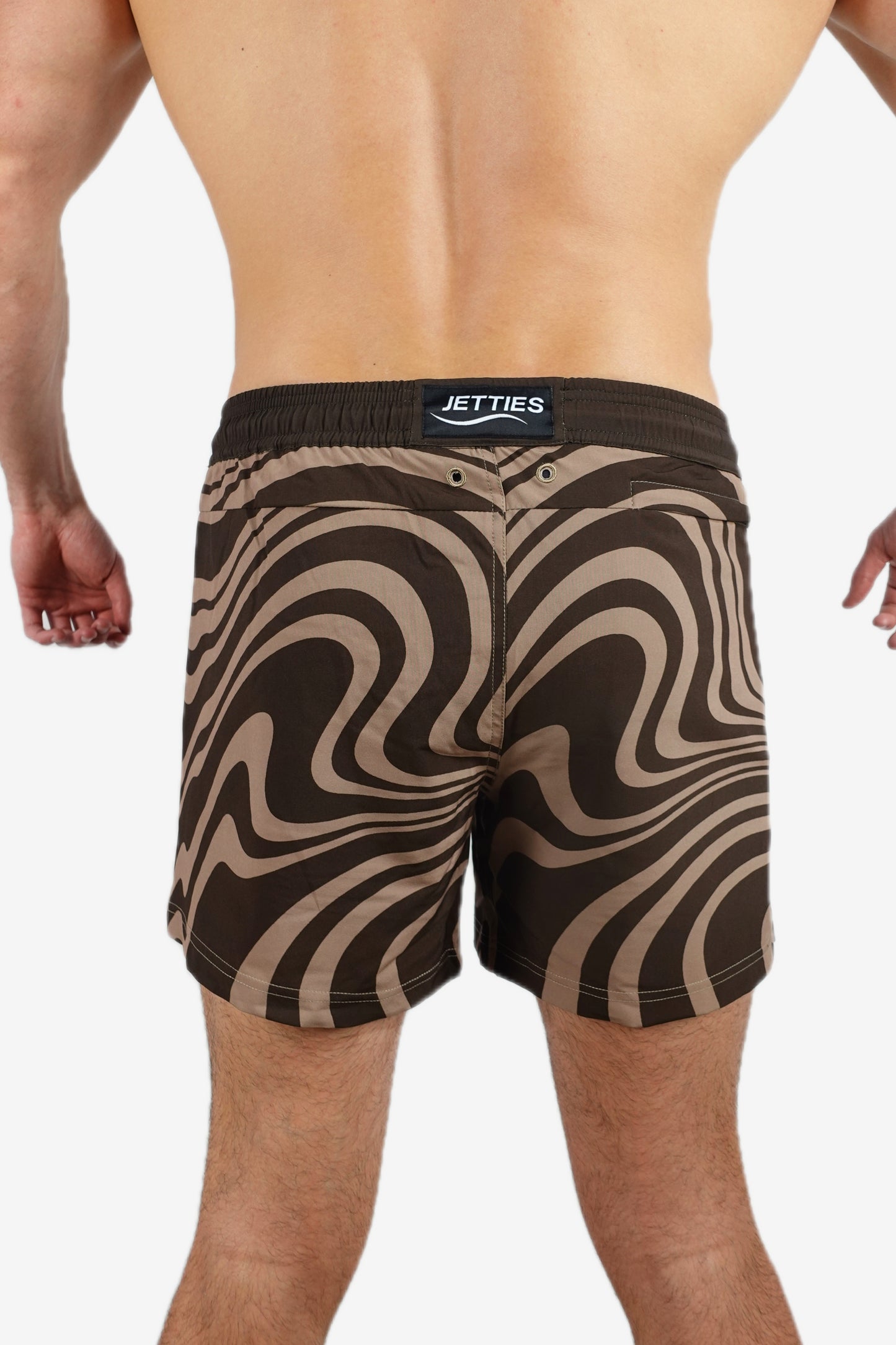 5 inch - Beige, Brown, Charcoal Black Swirl Marble Pattern Swim Shorts Back View