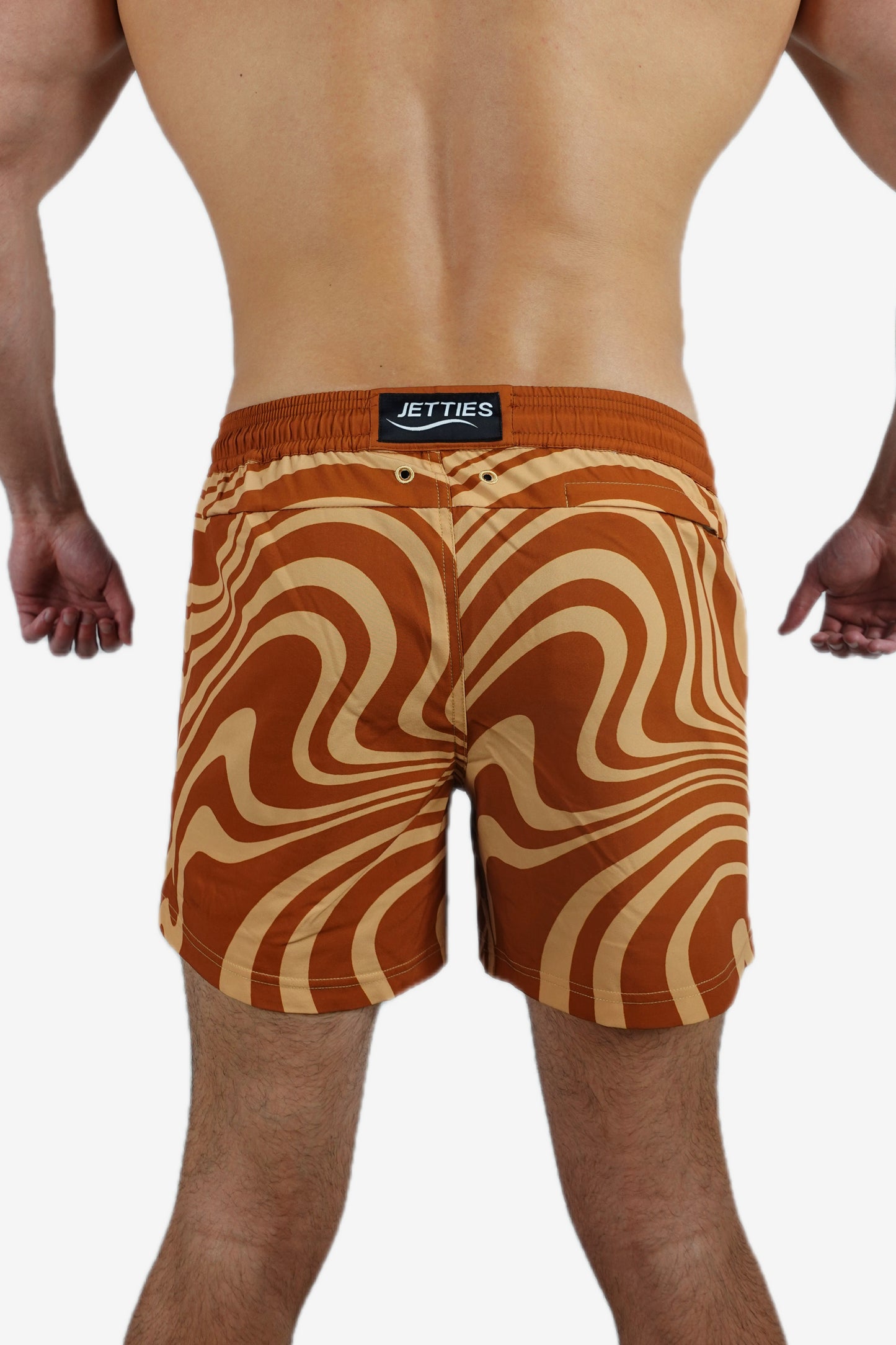 5 inch - Brown Orange Wavy Swirl Marble Pattern Swim Trunks Back View