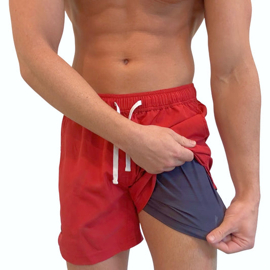 Men’s athletic swim trunks with compression aerated liner and adjustable drawstring waist – secure and breathable fit