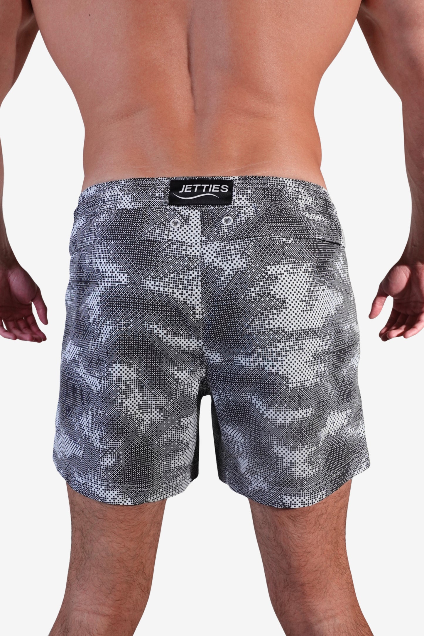 5 inch - Gray White & Black Camo Digital Pattern Swim Trunks back view