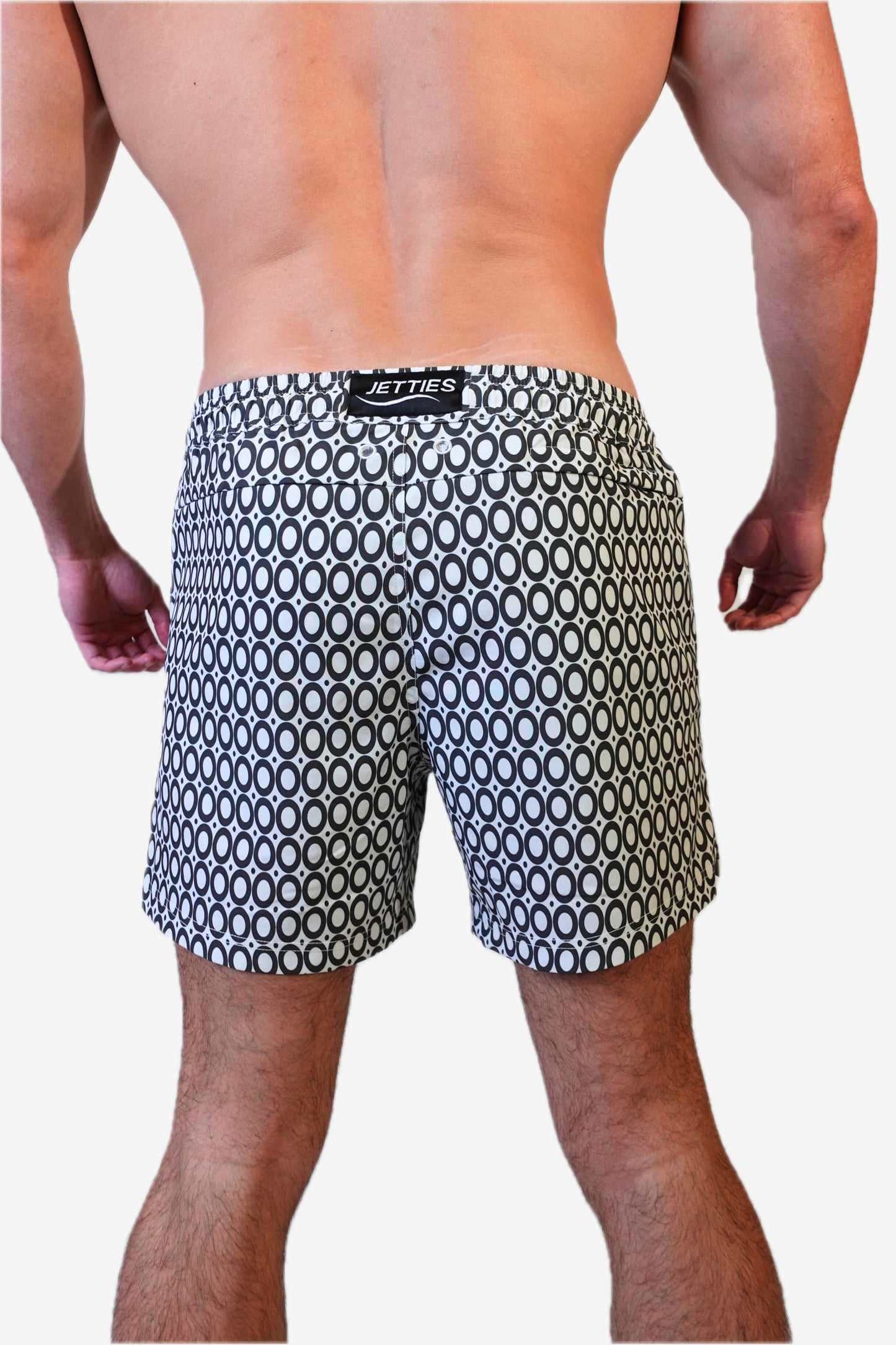 5 inch - black and white circles geometric pattern mens bathing suit, back view