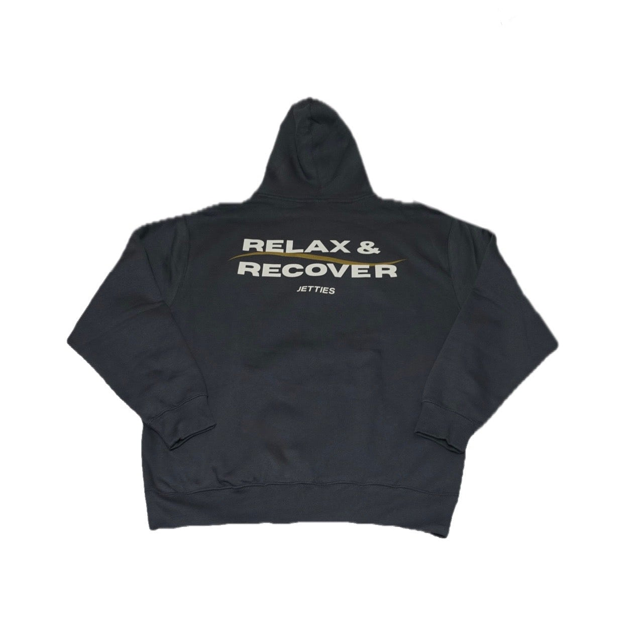 Back view of the gray Relax & Recover hoodie laid flat with large white and gold back print.
