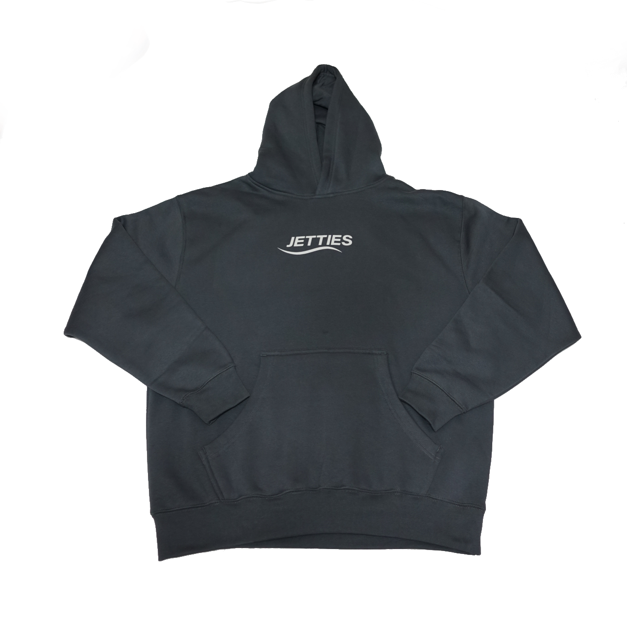 Front view of the gray JETTIES Relax & Recover hoodie laid flat with white chest logo.