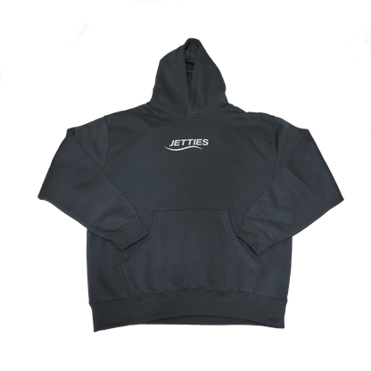 Front view of the gray JETTIES Relax & Recover hoodie laid flat with white chest logo.