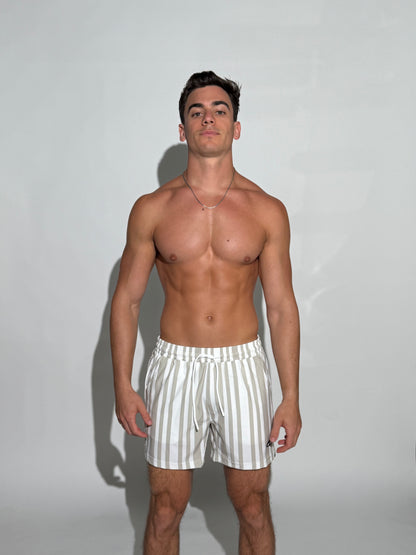 Model wearing the JETTIES Code Gray, Gray and white striped mens bathing suit