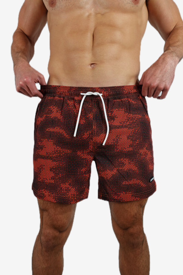 5 inch - Red & Black Camo Digital Pattern Swim Trunks Front View