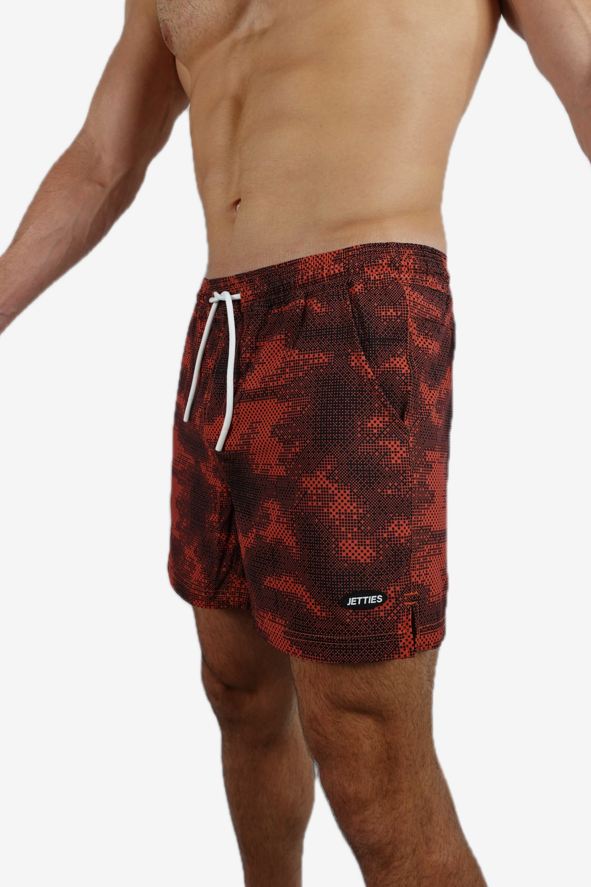 5 inch - Red & Black Camo Digital Pattern Swim Trunks Side View