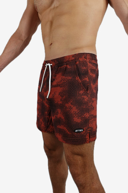 5 inch - Red & Black Camo Digital Pattern Swim Trunks Side View