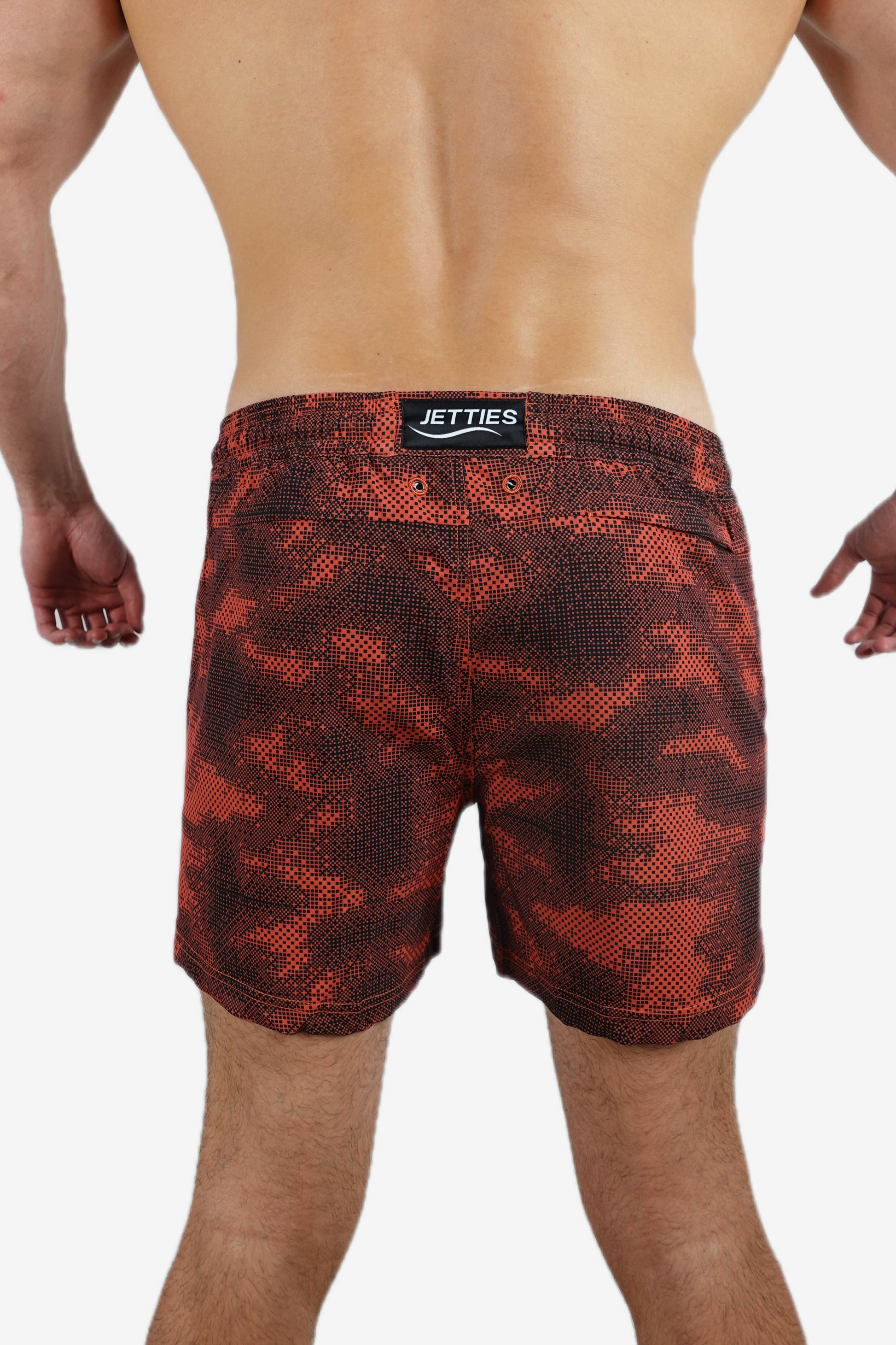 5 inch - Red & Black Camo Digital Pattern Swim Shorts Back View