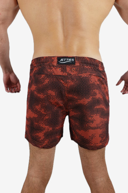 5 inch - Red & Black Camo Digital Pattern Swim Shorts Back View