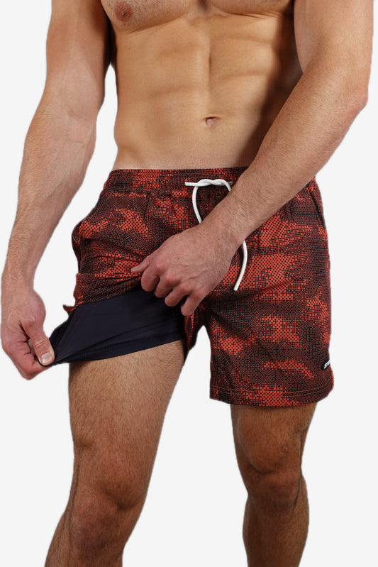 5 inch - Red & Black Camo Digital Pattern Swim Shorts Liner View