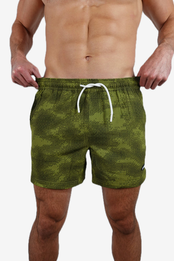 5 inch - Green & Black Camo Digital Pattern Swim Trunks Front View