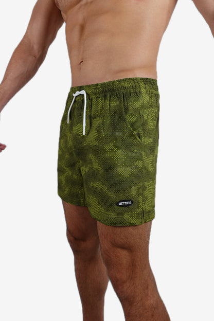 5 inch - Green & Black Camo Digital Pattern Swim Trunks Side View