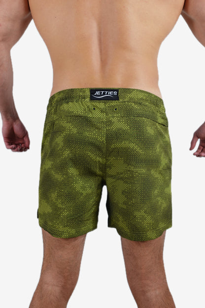 5 inch - Green & Black Camo Digital Pattern Swim Shorts Back View