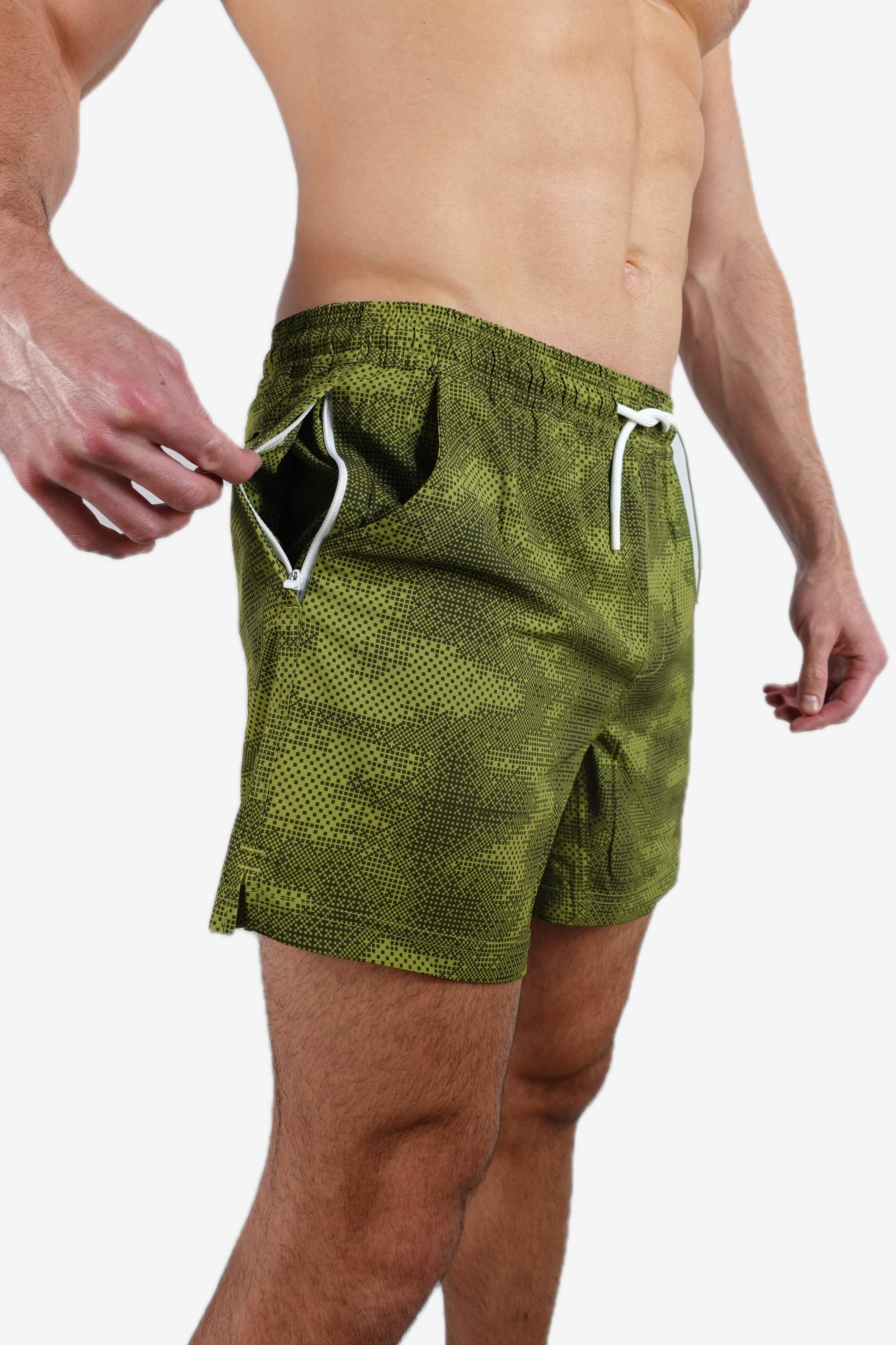 5 inch - Green & Black Camo Digital Pattern Swim Trunks Hip Zip Pocket View