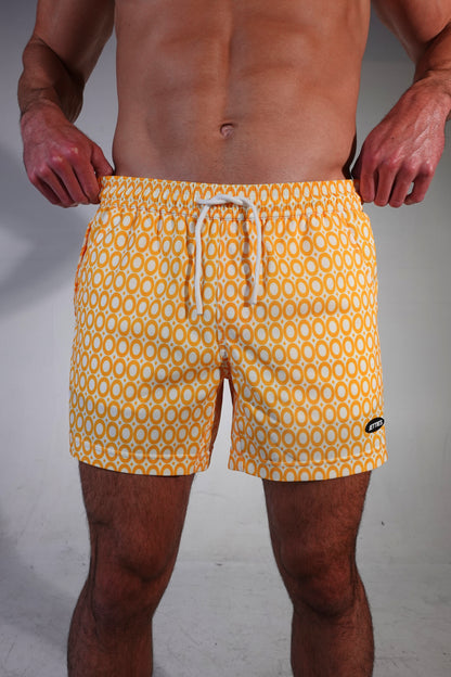 5 inch - Echo Pattern - Honeycomb Yellow Circles - Swim Short Front View