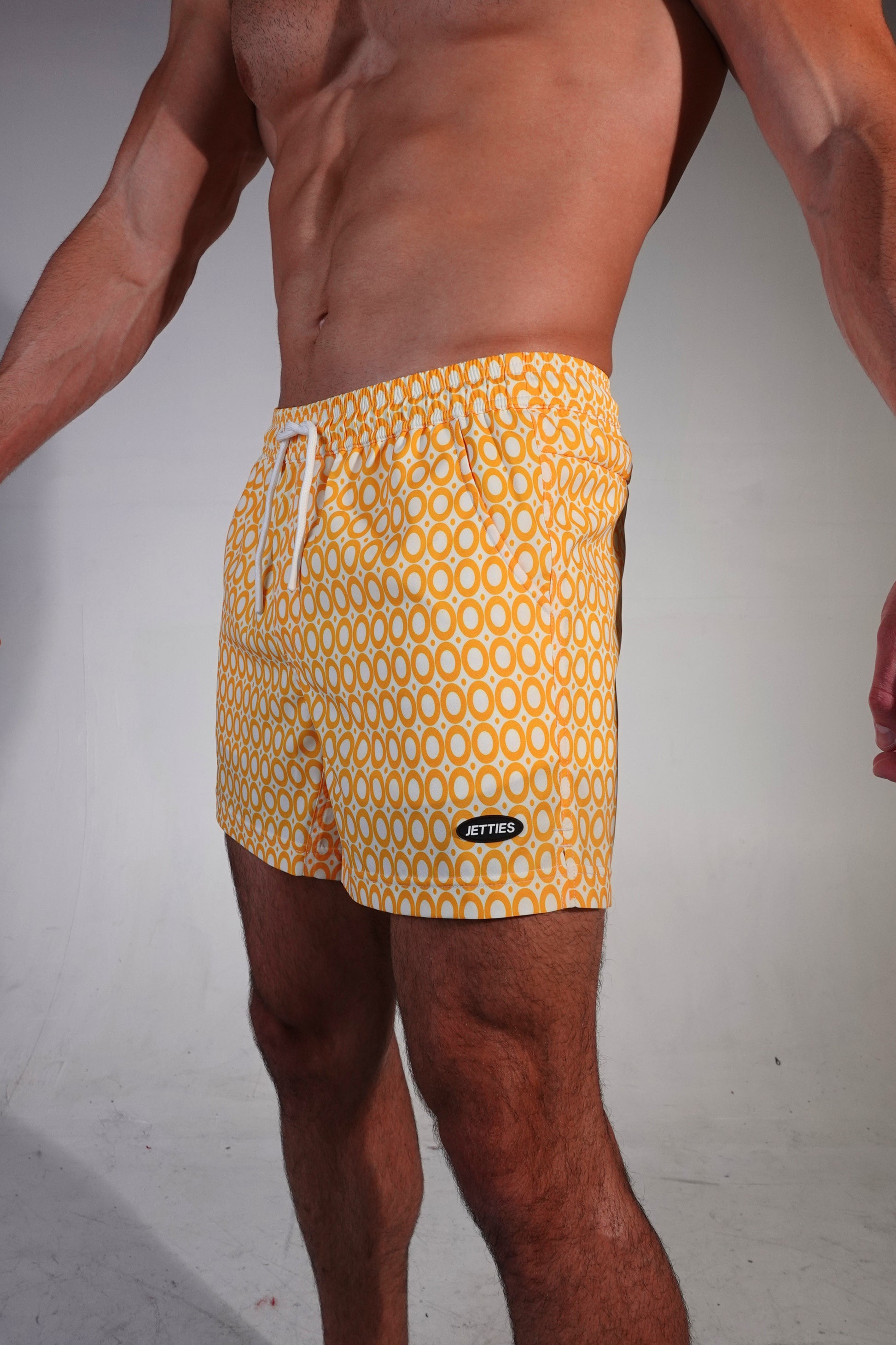 5 inch - Echo Pattern - Honeycomb Yellow Circles - Swim Short Side View