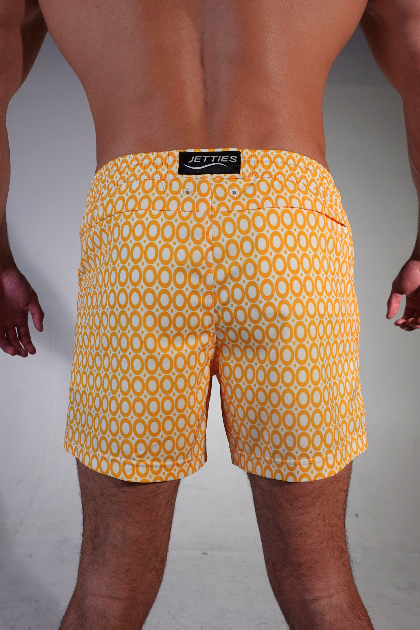 5 inch - Echo Pattern - Honeycomb Yellow Circles - Swim Short Back View