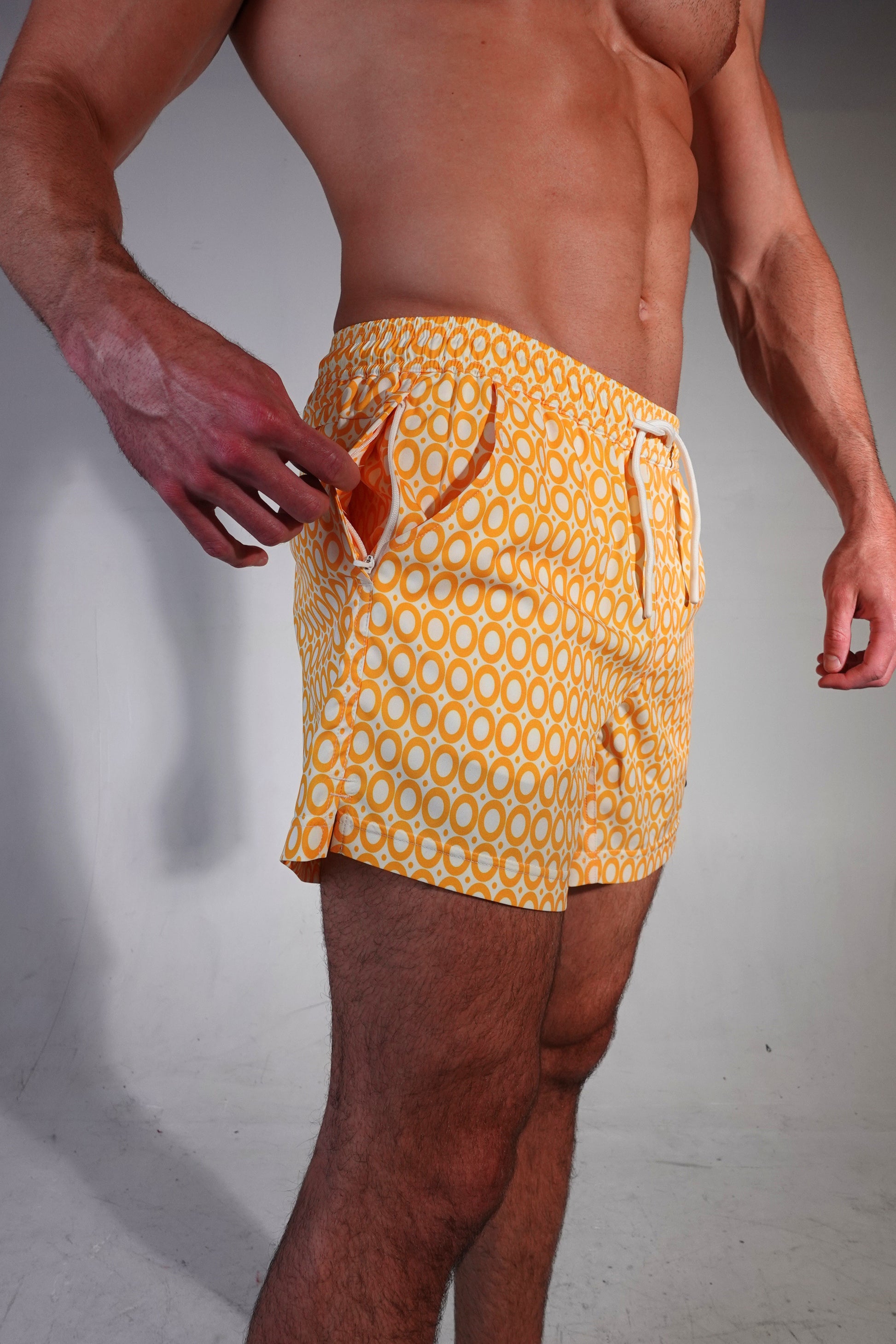 5 inch - Echo Pattern - Honeycomb Yellow Circles - Swim Short Hip Zipper Pocket View