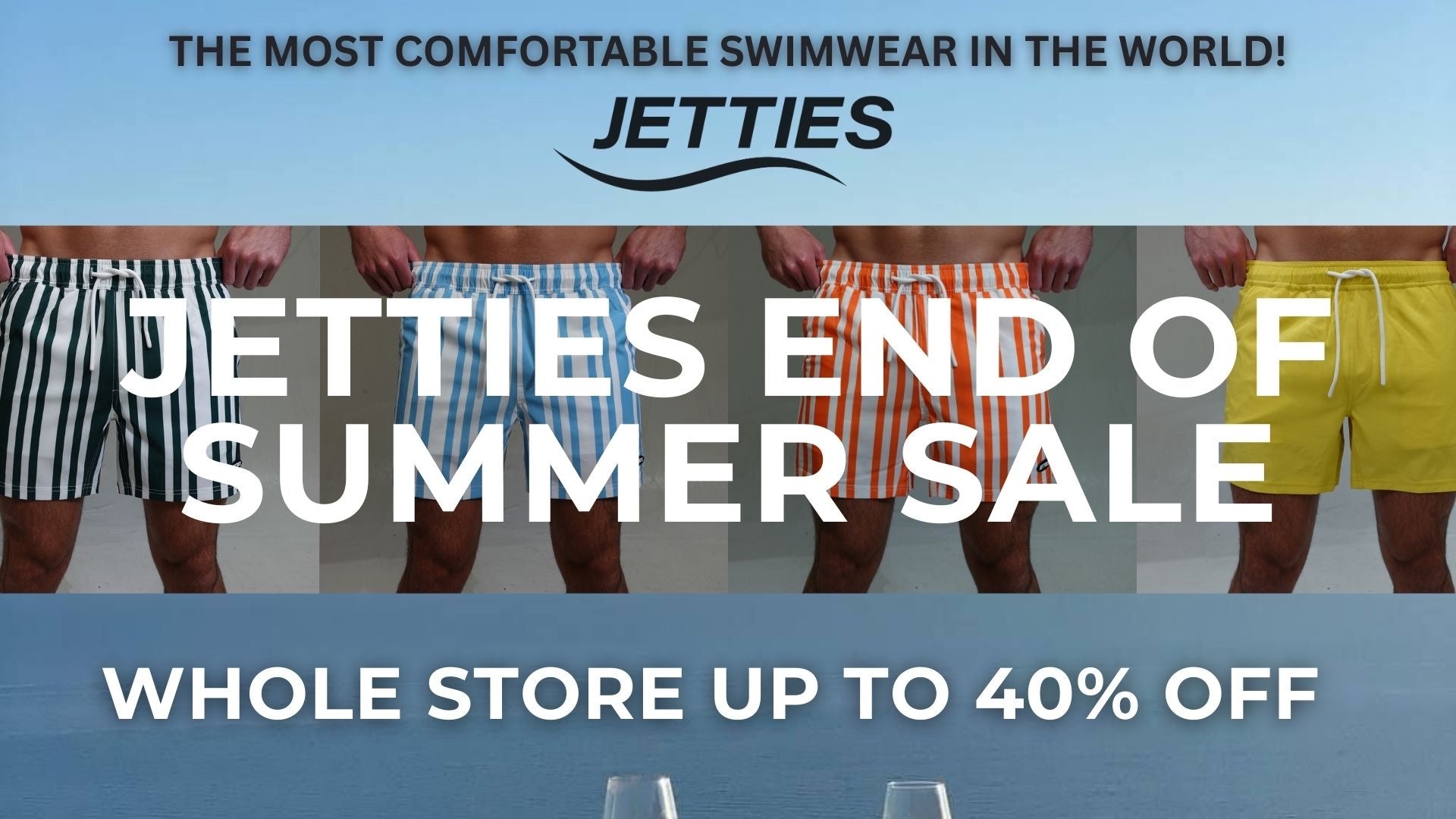 Promotional banner for Jetties swimwear sale with models wearing colorful swim trunks.