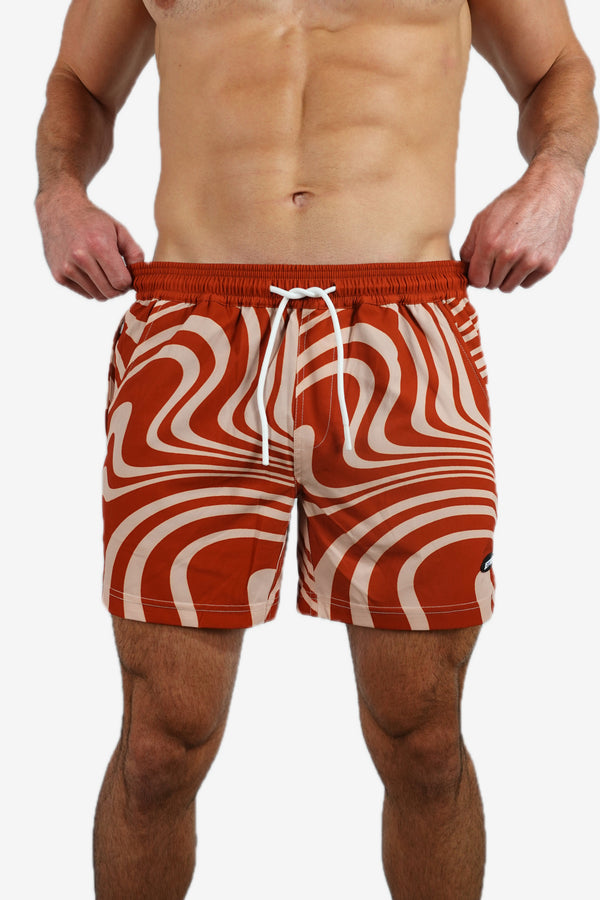 5 inch - Red, White, Ivory Swirl Marble Pattern Swim Short Front View