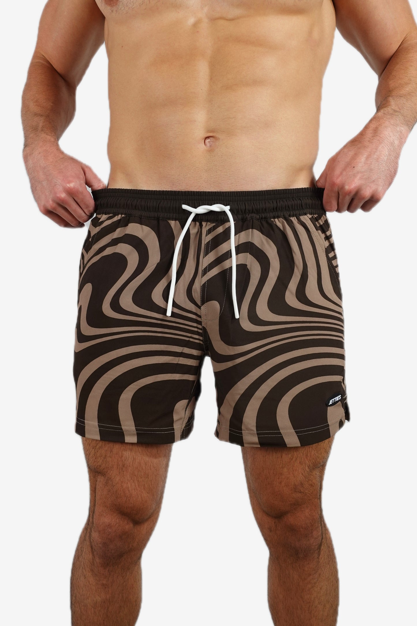 5 inch - Beige, Brown, Charcoal Black Swirl Marble Pattern Swim Shorts Front view