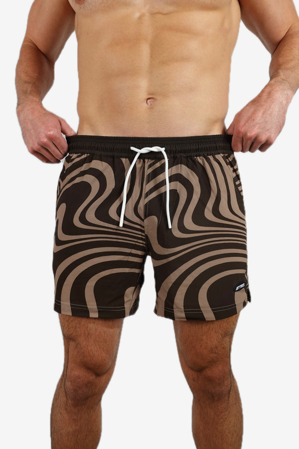 5 inch - Beige, Brown, Charcoal Black Swirl Marble Pattern Swim Shorts Front view