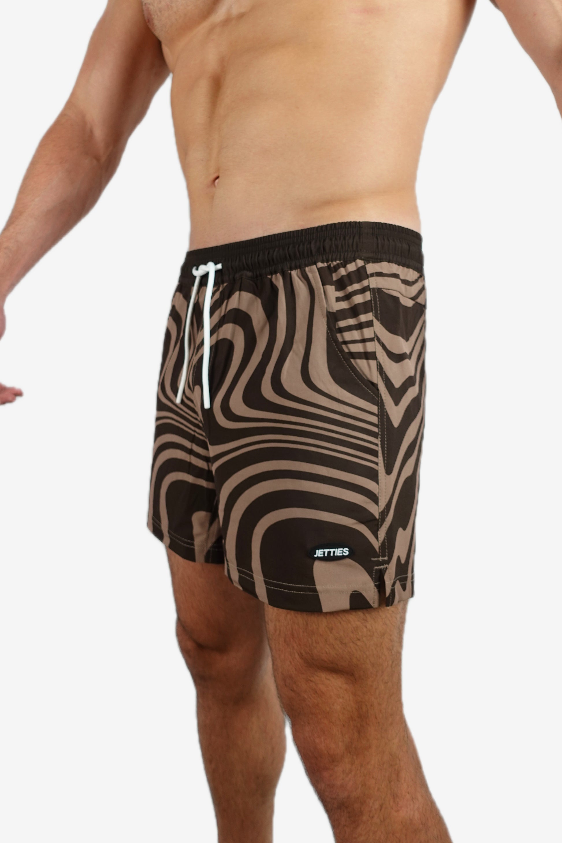 5 inch - Beige, Charcoal Black Swirl Marble Pattern Swim Trunks Side View
