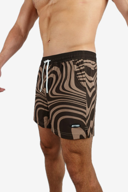 5 inch - Beige, Charcoal Black Swirl Marble Pattern Swim Trunks Side View