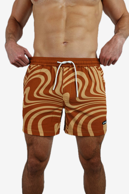5 inch - Brown Orange Wavy Swirl Marble Pattern Swim Short Front View