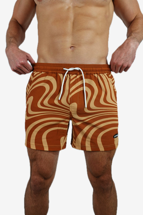 5 inch - Brown Orange Wavy Swirl Marble Pattern Swim Short Front View