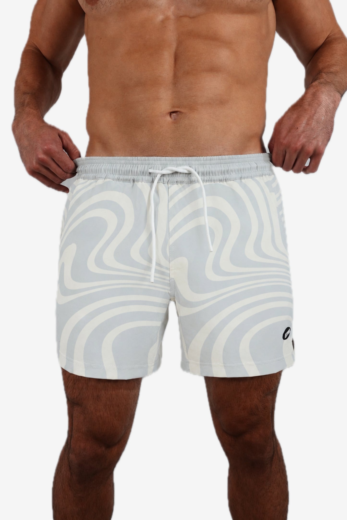 5 inch - Light Blue, White, Gray Wavy Swirl Marble Pattern Swim Short Front View