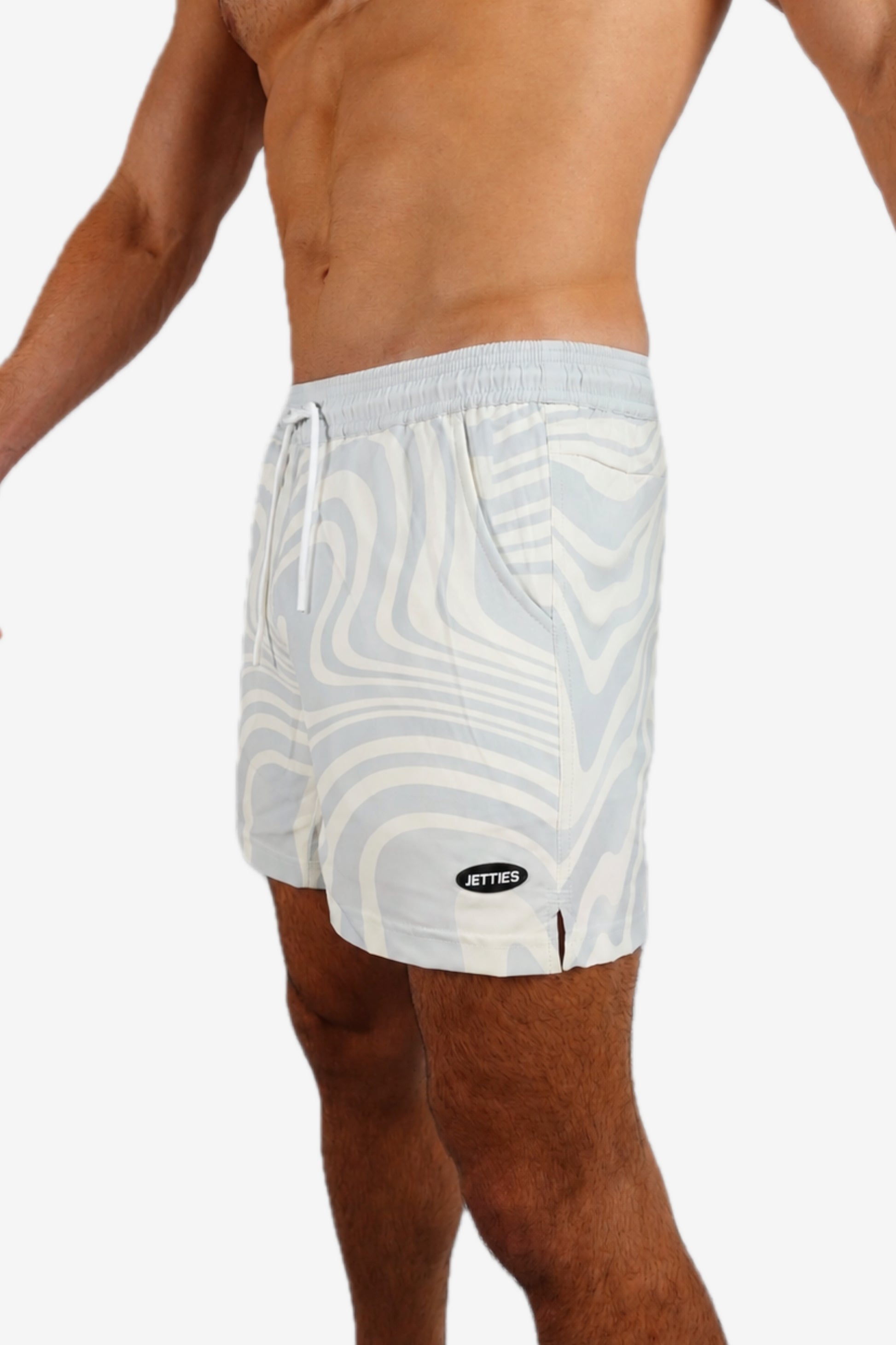 5 inch - Light Blue, White, Gray Wavy Swirl Marble Pattern Swim Short Side View
