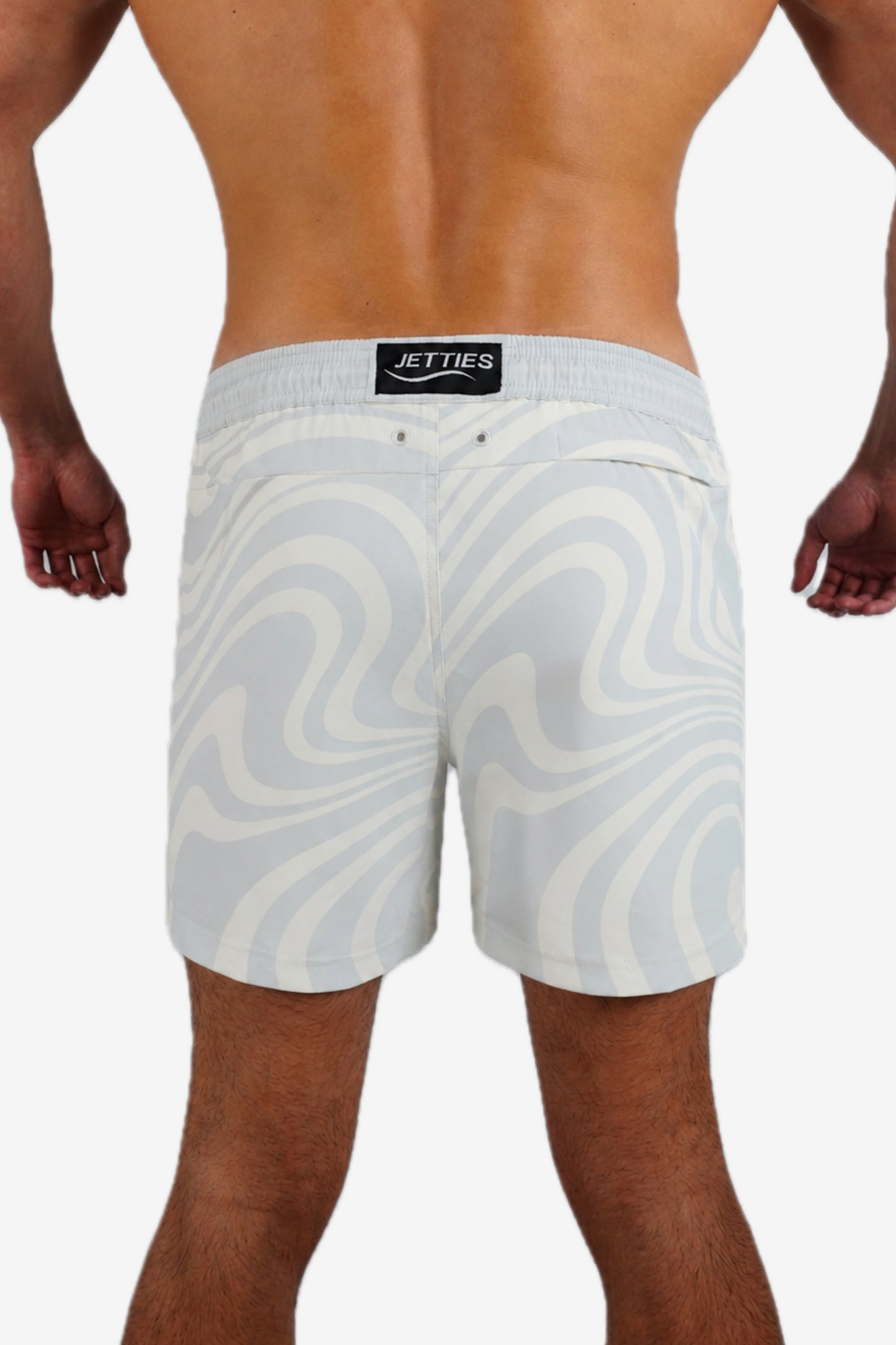 5 inch - Light Blue, White, Gray Wavy Swirl Marble Pattern Swim Trunks Back View