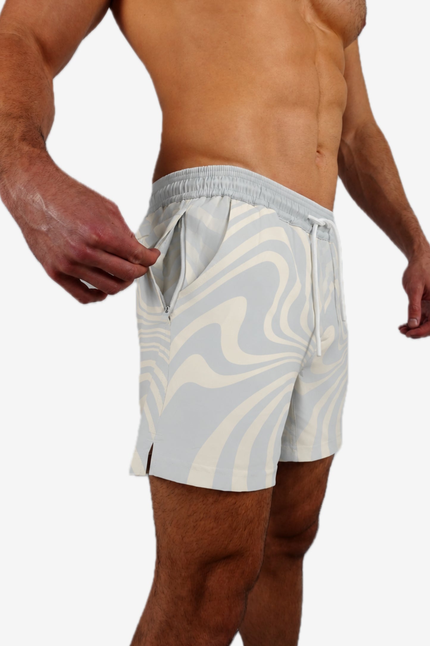 5 inch - Light Blue, White, Gray Wavy Swirl Marble Pattern Swim Trunks Side Zip Pocket View