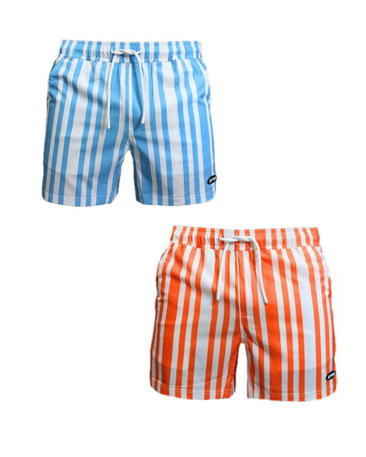 Two pairs of striped swim shorts, one blue and white (CODE BLUE), one orange and white (CODE ORANGE), 5" and 7" inseam