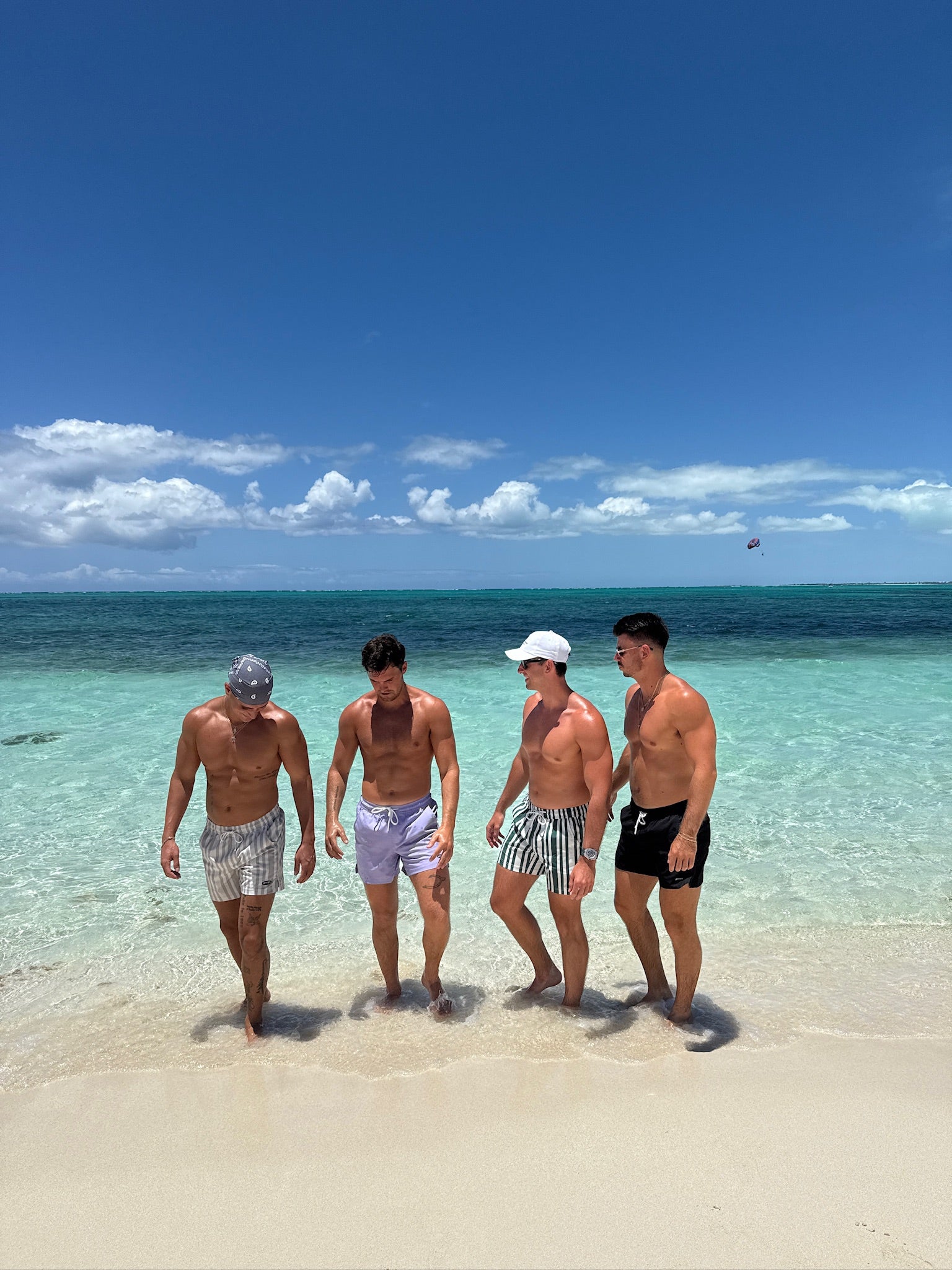 Four men standing on a beach with clear blue water and sky all wearing JETTIES PLUNGE SHORT BATHING SUITS. Code Gray, Lavender Wave, Code Green, Classic black