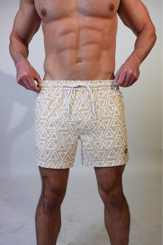 5 inch - Delta Pattern - Gold - Swim Short Front View