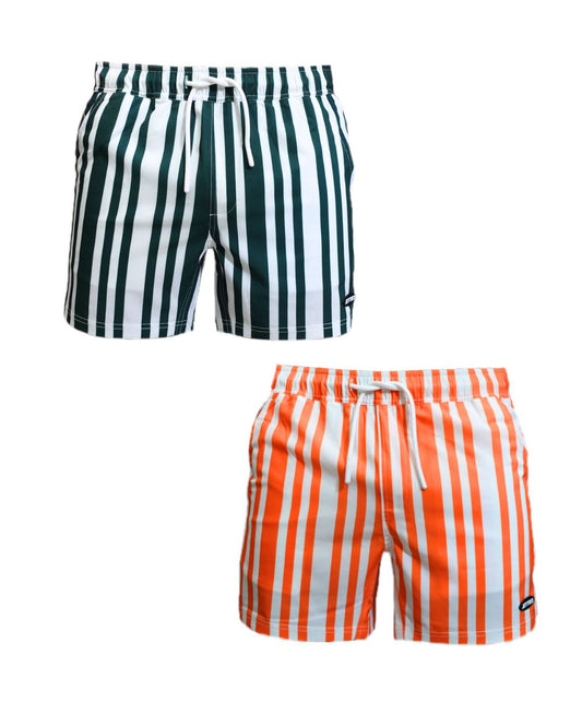 Two pairs of striped swim shorts, one green and white (CODE GREEN), one orange and white (CODE ORANGE), 5" and 7" inseam