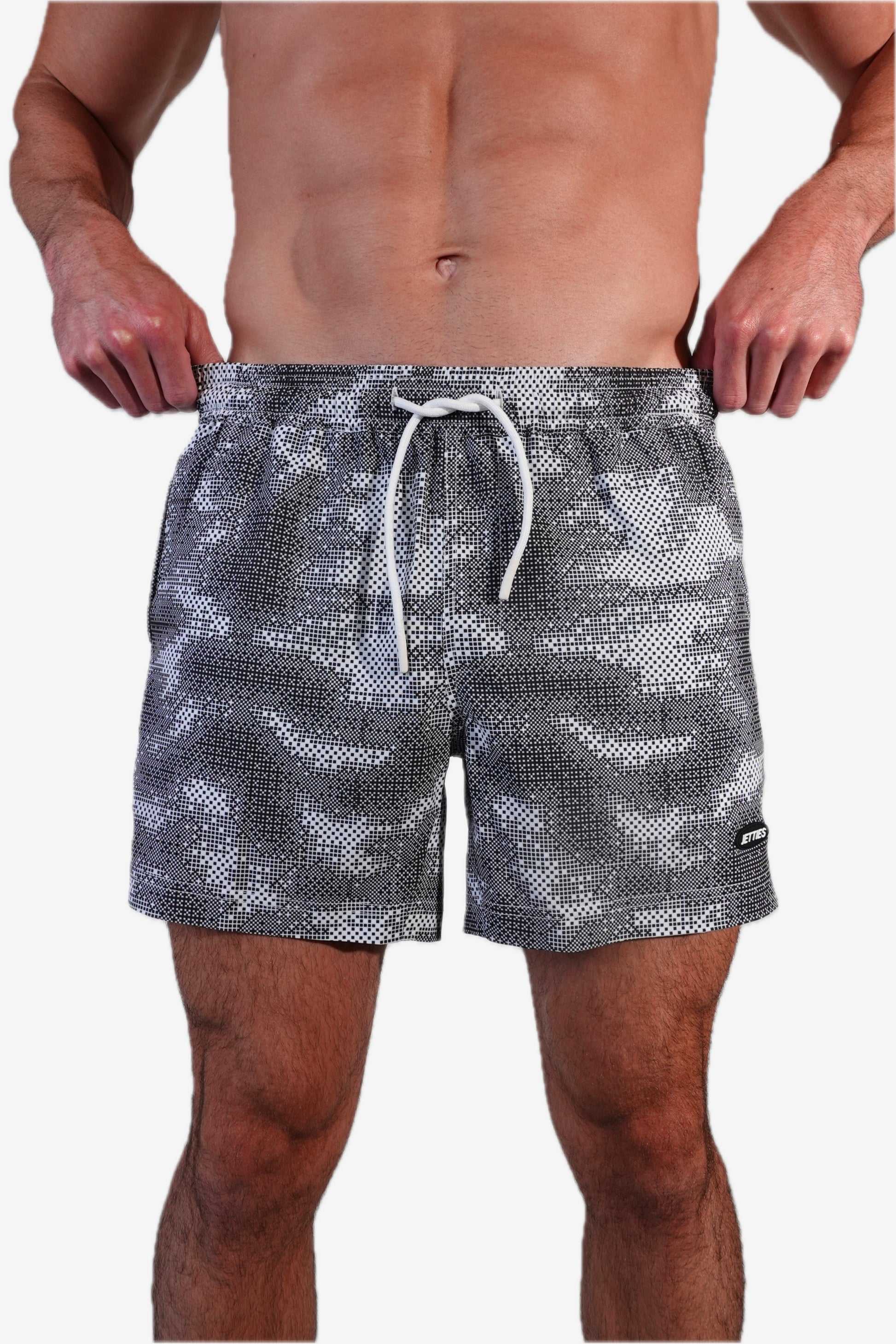 5 inch - Gray White & Black Camo Digital Pattern Swim Trunks front View