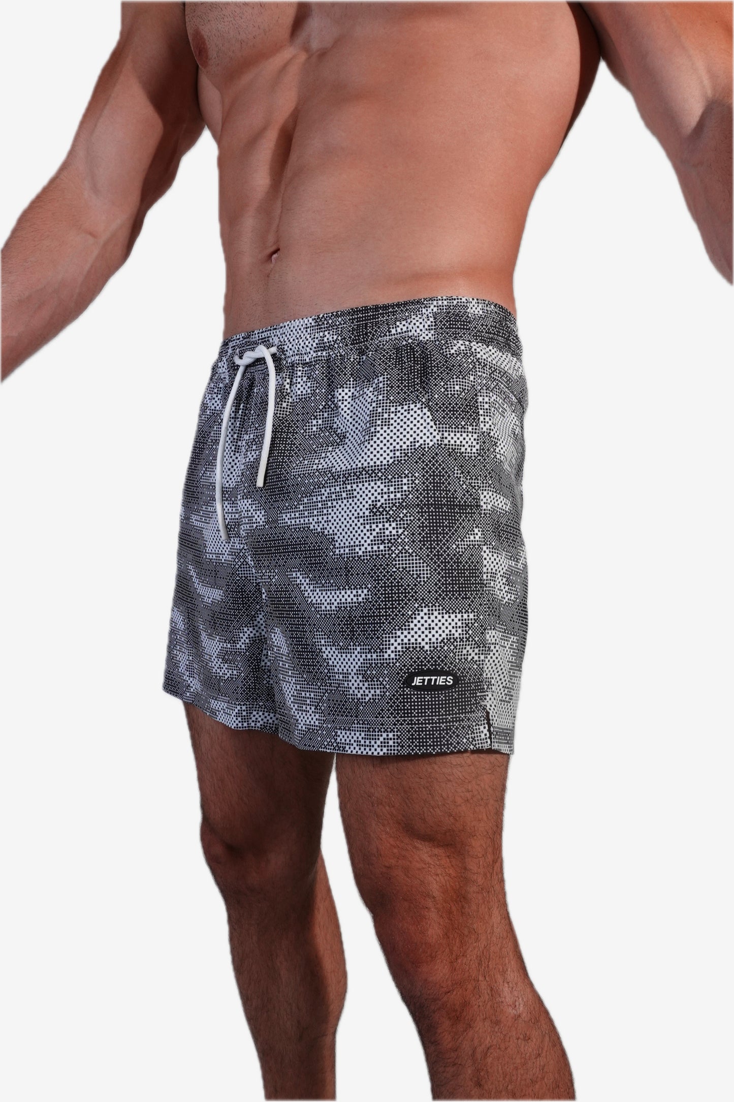 5 inch - Gray White & Black Camo Digital Pattern Swim Trunks side logo View