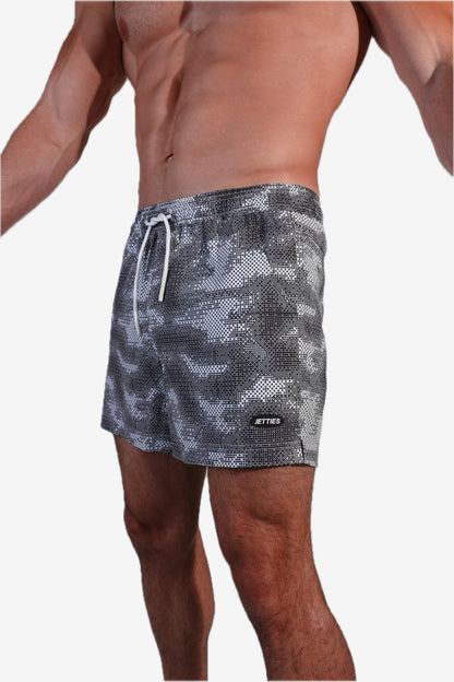 5 inch - Gray White & Black Camo Digital Pattern Swim Trunks side logo View