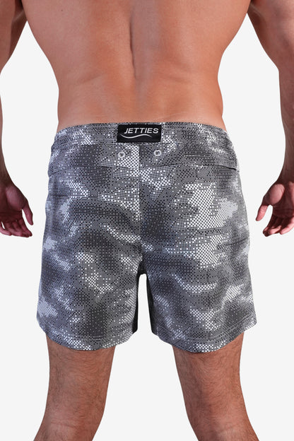 5 inch - Gray White & Black Camo Digital Pattern Swim Trunks back view