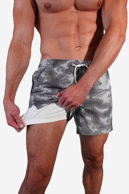 5 inch - Gray White & Black Camo Digital Pattern Swim Trunks liner View