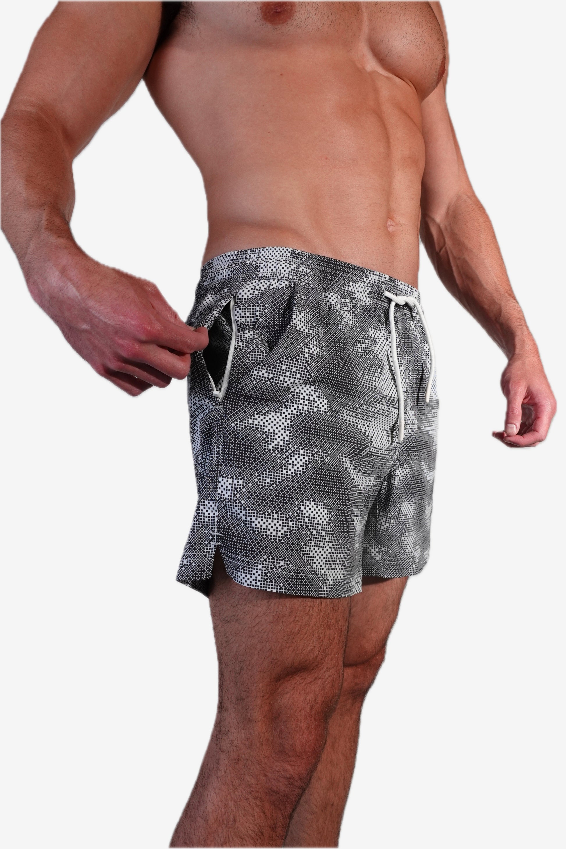 5 inch - Gray White & Black Camo Digital Pattern Swim Trunks Hip Zipper Pocket View