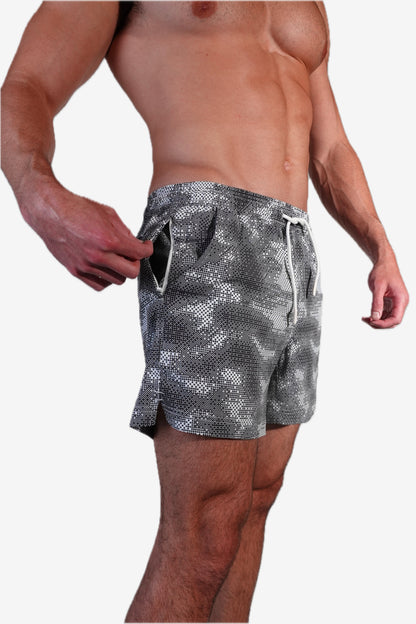 5 inch - Gray White & Black Camo Digital Pattern Swim Trunks Hip Zipper Pocket View